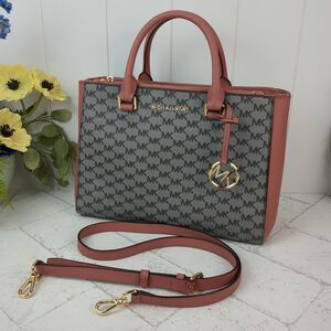 Michael Kors Kellen Medium Satchel Crossbody Handbag Mauve Rose Pink & Grey Logo